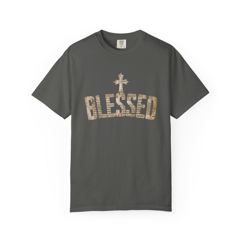 Blessed Cross T-Shirt — Christian Graphic Tee (Vintage Camouflage Lettering)