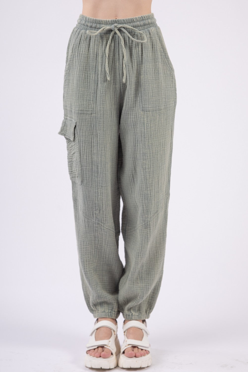 VERY J Washed Woven Crinkle Gauze Drawstring Cargo Pants