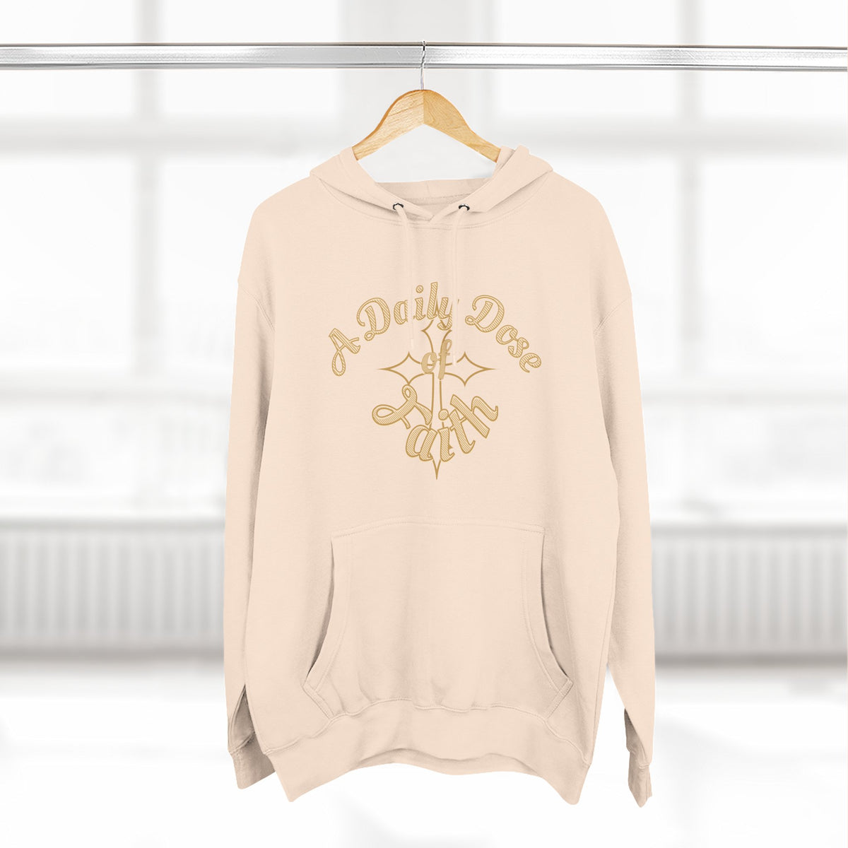 Faith Script Fleece Hoodie — "A Daily Dose of Faith" Gold Script, Back "He Is Always Faithful"