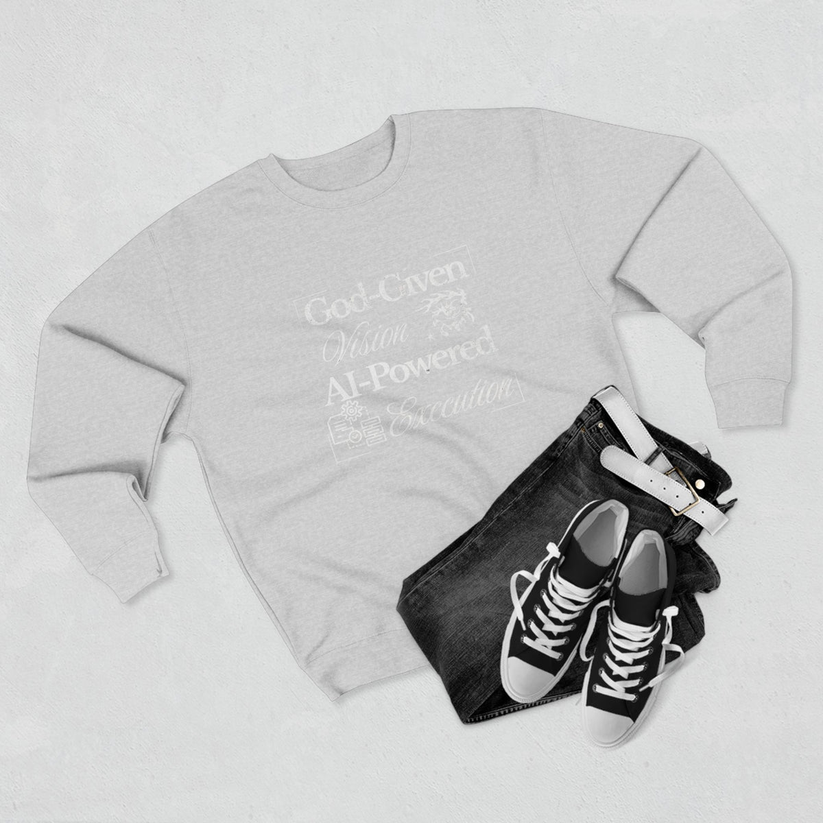 AI-Powered Execution Crewneck Sweatshirt — "God-Given Vision. AI-Powered Execution." Inspirational Graphic