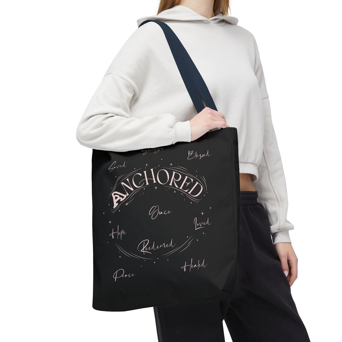 Anchored Inspirational Tote Bag — 'Anchored' Script Design