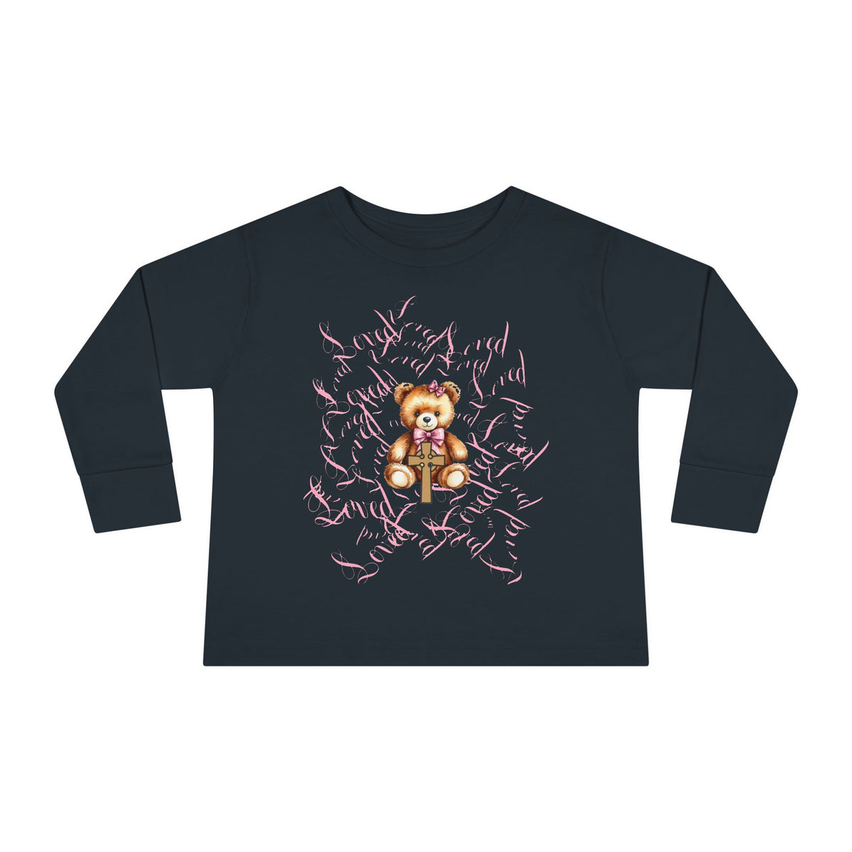 Toddler Tee — "Loved" Cute Teddy Bear Cross Design Long Sleeve
