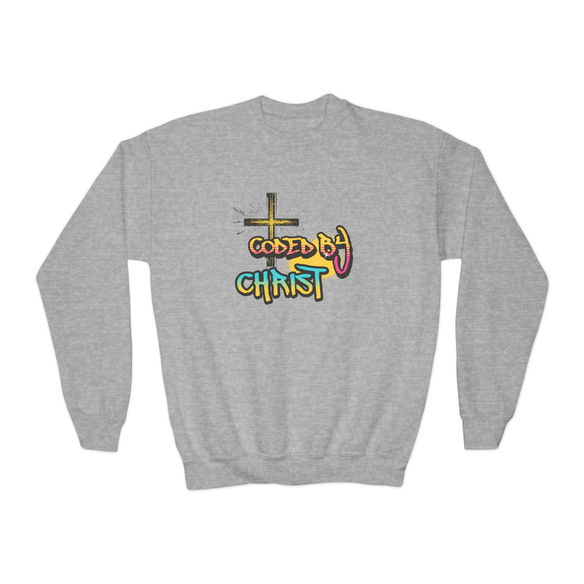 Youth Crewneck Sweatshirt - 'Coded by Christ' Colorful Faith Graphic