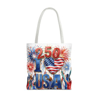 USA 250 Celebration Tote Bag — I Love USA Fireworks Patriotic Shopper