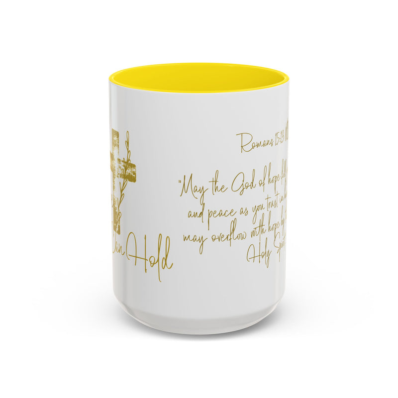 Christian Scripture Coffee Mug – Romans 15:13 Gold Calligraphy Accent Mug (11/15oz)