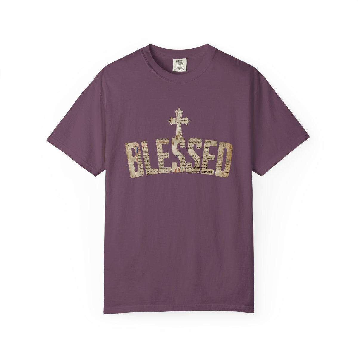 Blessed Cross T-Shirt — Christian Graphic Tee (Vintage Camouflage Lettering)