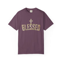 Blessed Cross T-Shirt — Christian Graphic Tee (Vintage Camouflage Lettering)