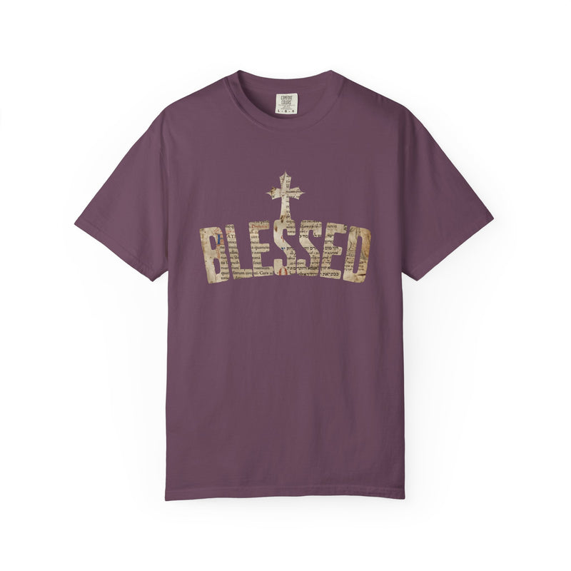 Blessed Cross T-Shirt — Christian Graphic Tee (Vintage Camouflage Lettering)