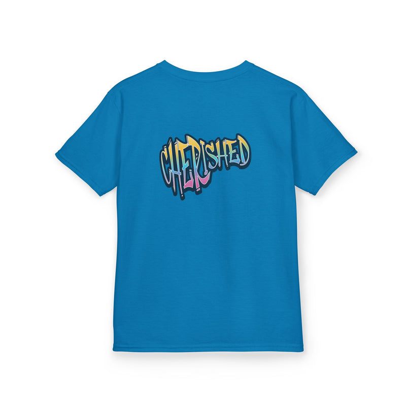 Kids 'Child of Light' Graphic Tee — Colorful Hand-Lettered 'Cherished' Back Design