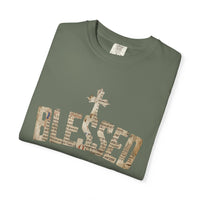 Blessed Cross T-Shirt — Christian Graphic Tee (Vintage Camouflage Lettering)