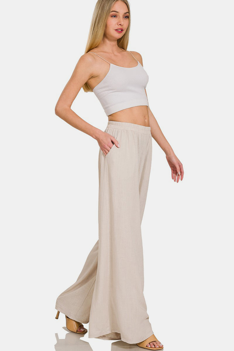 Zenana Pleated Linen Blend Wide Leg Pants