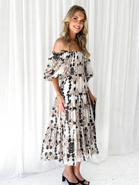 Printed Smocked Off-Shoulder Tiered Dress