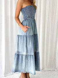 Slit Smocked Tube Tiered Denim Dress