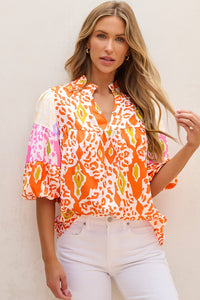 Printed Notched Half Sleeve Blouse