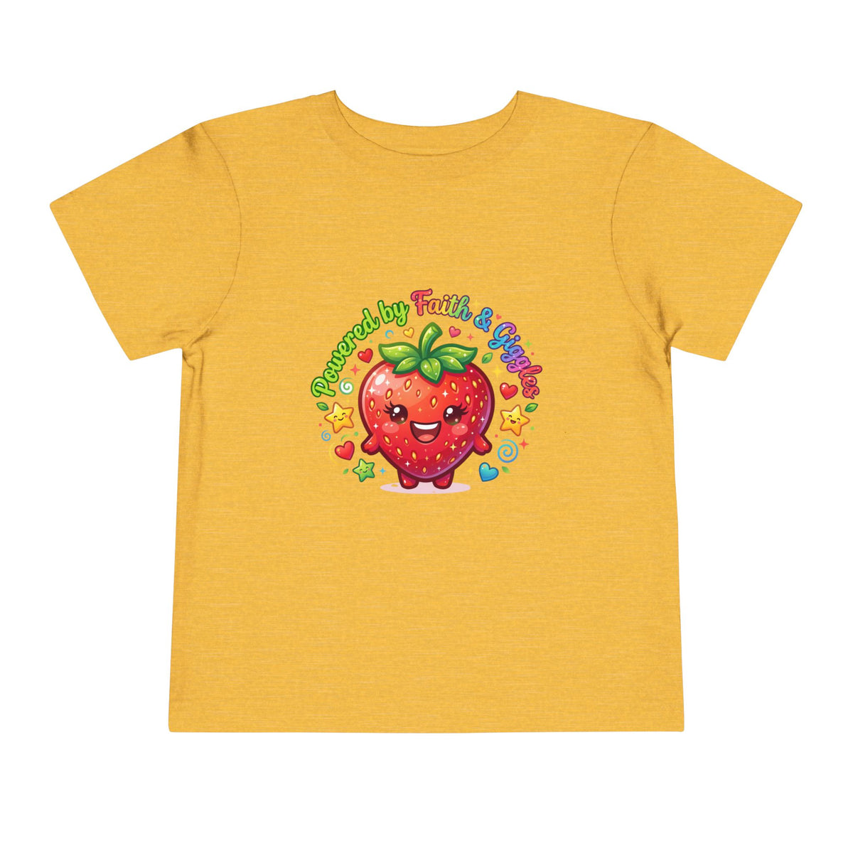 Toddler Tee — Cute Kawaii Strawberry "Powered by Faith & Giggles" Kids Shirt