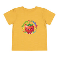 Toddler Tee — Cute Kawaii Strawberry "Powered by Faith & Giggles" Kids Shirt