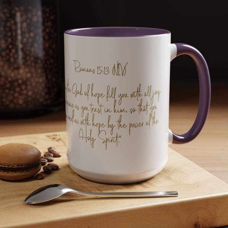 Christian Scripture Coffee Mug – Romans 15:13 Gold Calligraphy Accent Mug (11/15oz)