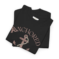 Anchored Faith T-Shirt — "Anchored" Calligraphy with Faith, Hope & Grace