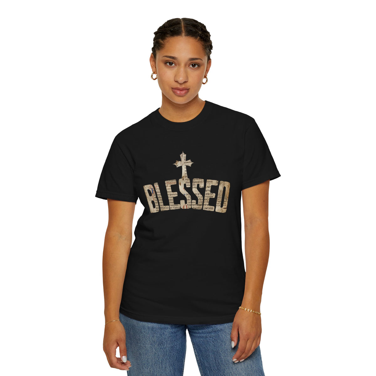 Blessed Cross T-Shirt — Christian Graphic Tee (Vintage Camouflage Lettering)