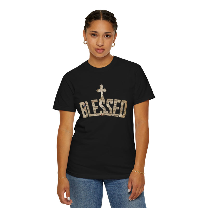 Blessed Cross T-Shirt — Christian Graphic Tee (Vintage Camouflage Lettering)
