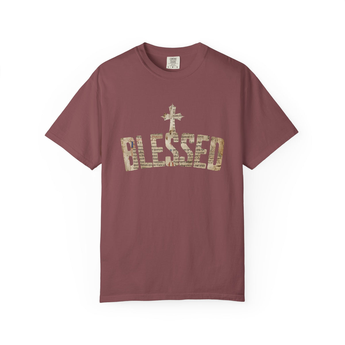 Blessed Cross T-Shirt — Christian Graphic Tee (Vintage Camouflage Lettering)