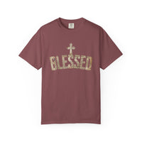 Blessed Cross T-Shirt — Christian Graphic Tee (Vintage Camouflage Lettering)