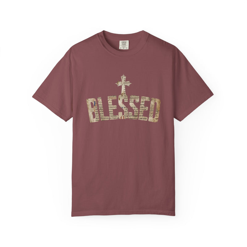 Blessed Cross T-Shirt — Christian Graphic Tee (Vintage Camouflage Lettering)