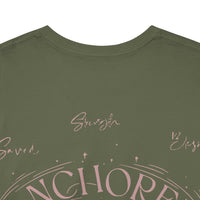 Anchored Faith T-Shirt — "Anchored" Calligraphy with Faith, Hope & Grace