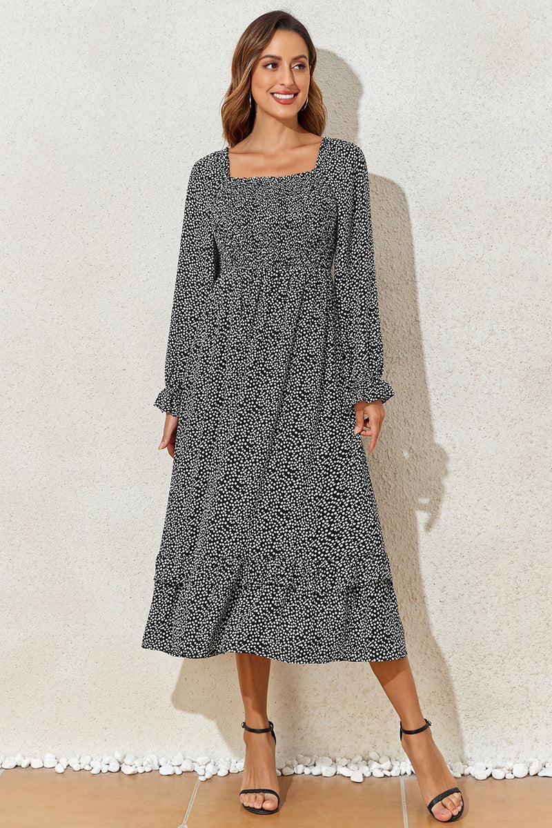 Printed Square Neck Long Sleeve Midi Dress