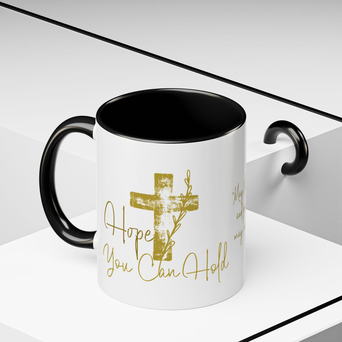 Christian Scripture Coffee Mug – Romans 15:13 Gold Calligraphy Accent Mug (11/15oz)