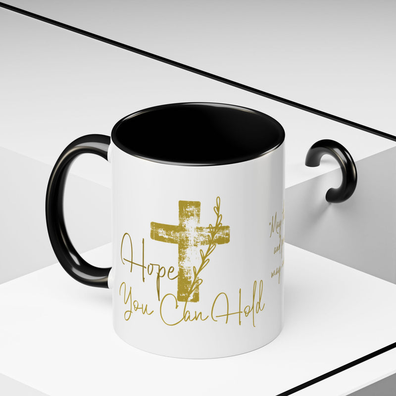 Christian Scripture Coffee Mug – Romans 15:13 Gold Calligraphy Accent Mug (11/15oz)