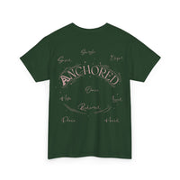 Anchored Faith T-Shirt — "Anchored" Calligraphy with Faith, Hope & Grace