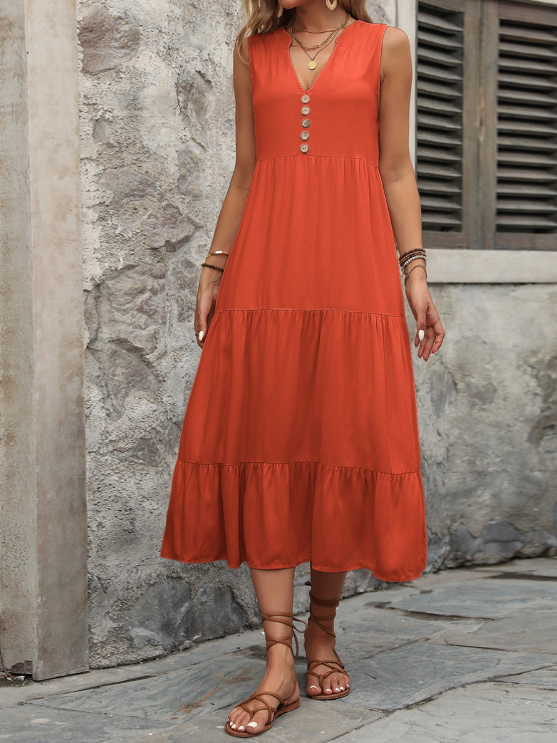 Decorative Button Notched Sleeveless Dress