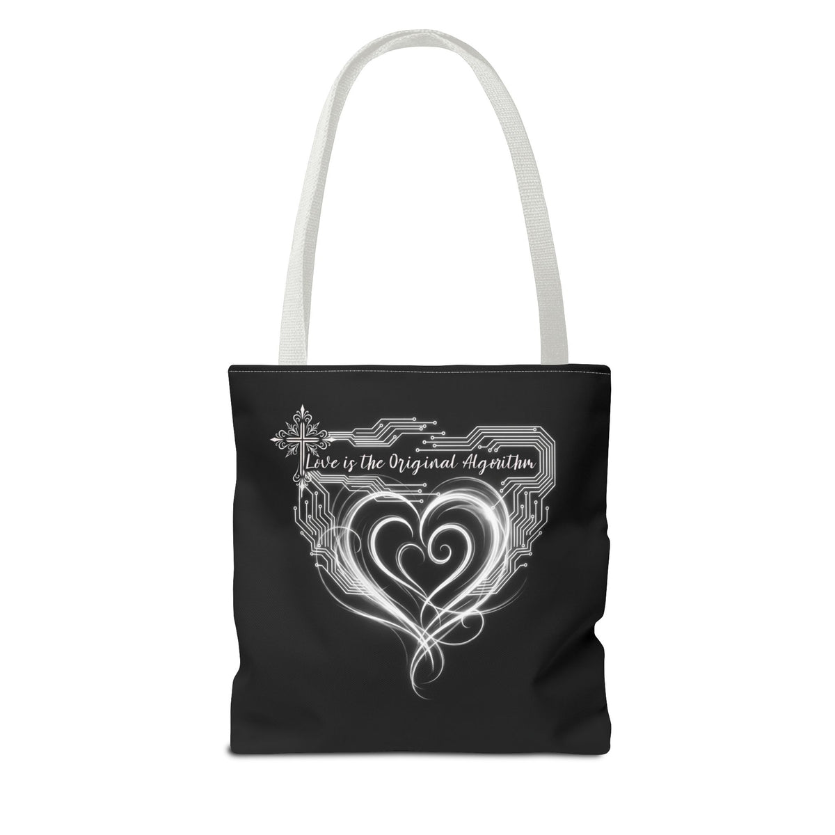 Black Heart Art Tote — "Love is the Original Algorithm" All-Over Print Tote Bag