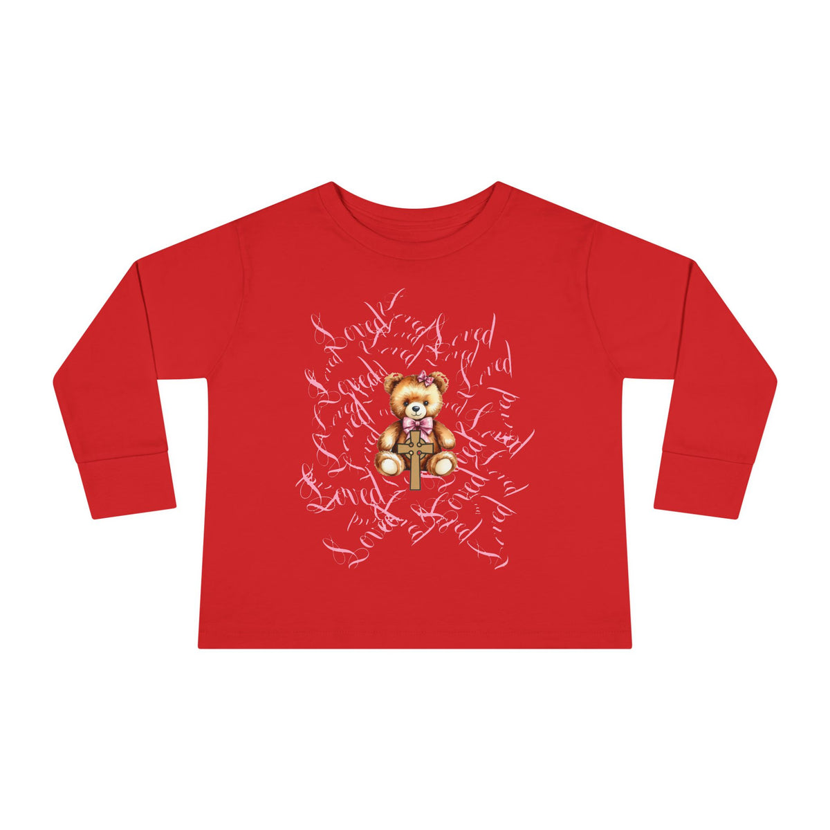 Toddler Tee — "Loved" Cute Teddy Bear Cross Design Long Sleeve