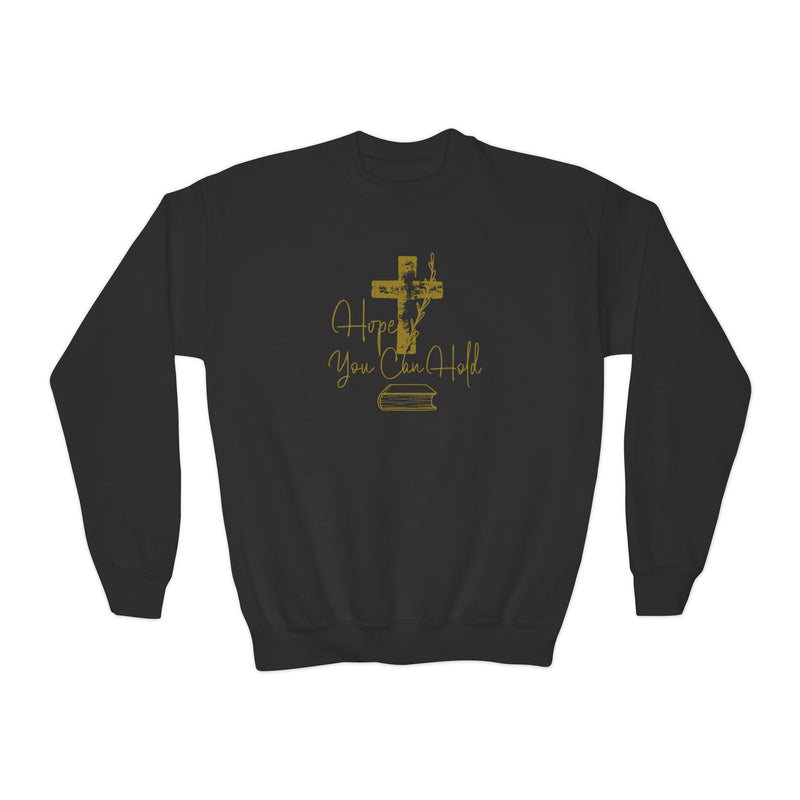 Youth Crewneck Sweatshirt - Gold Glitter Cross “Hope You Can Hold” Christian Tee