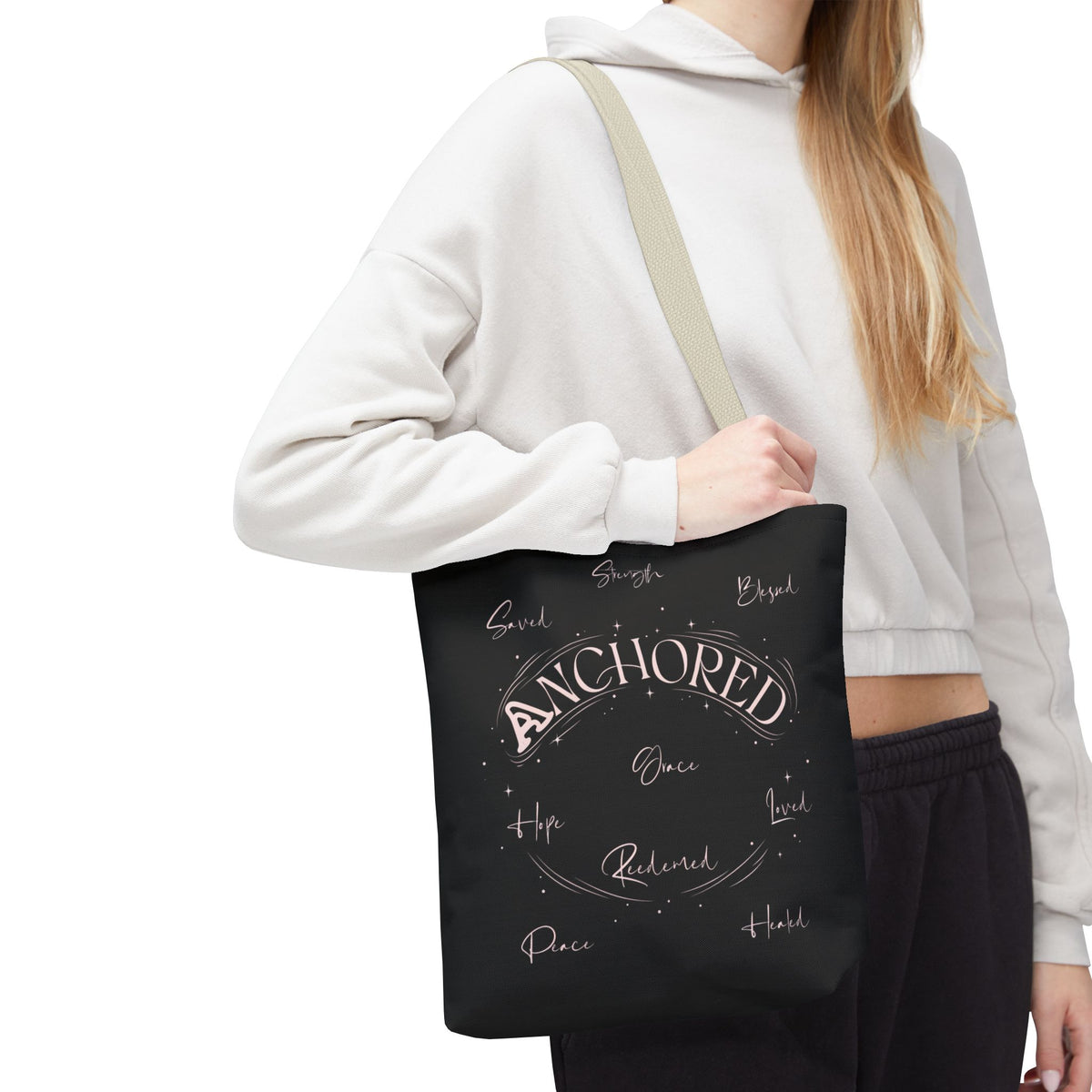 Anchored Inspirational Tote Bag — 'Anchored' Script Design