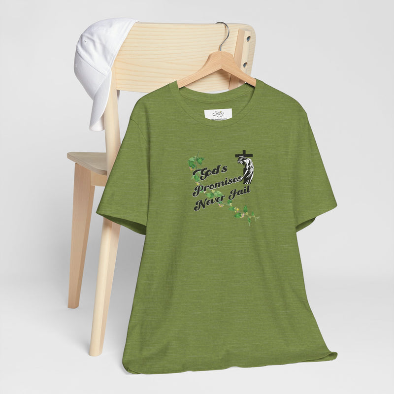 Faith T-Shirt — "God's Promises Never Fail" Christian Tee with Cross & Olive Branch Design
