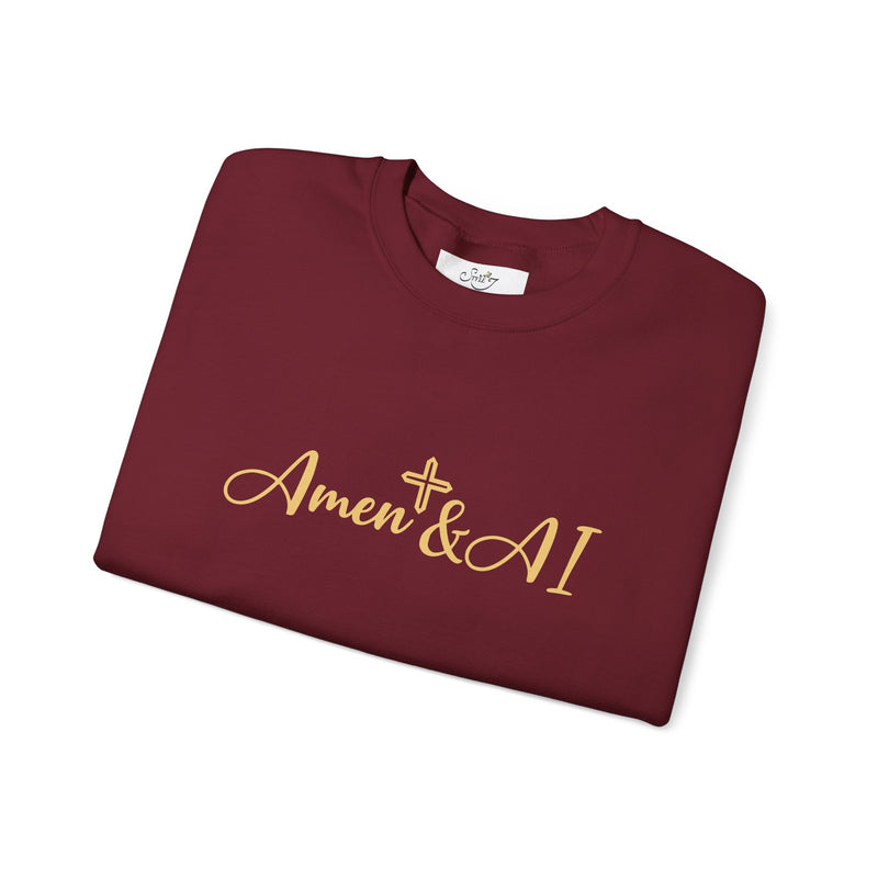 Christian AI Crewneck Sweatshirt - "Amen & AI" Gold Script, "Powered by Prayer, Driven by Data"