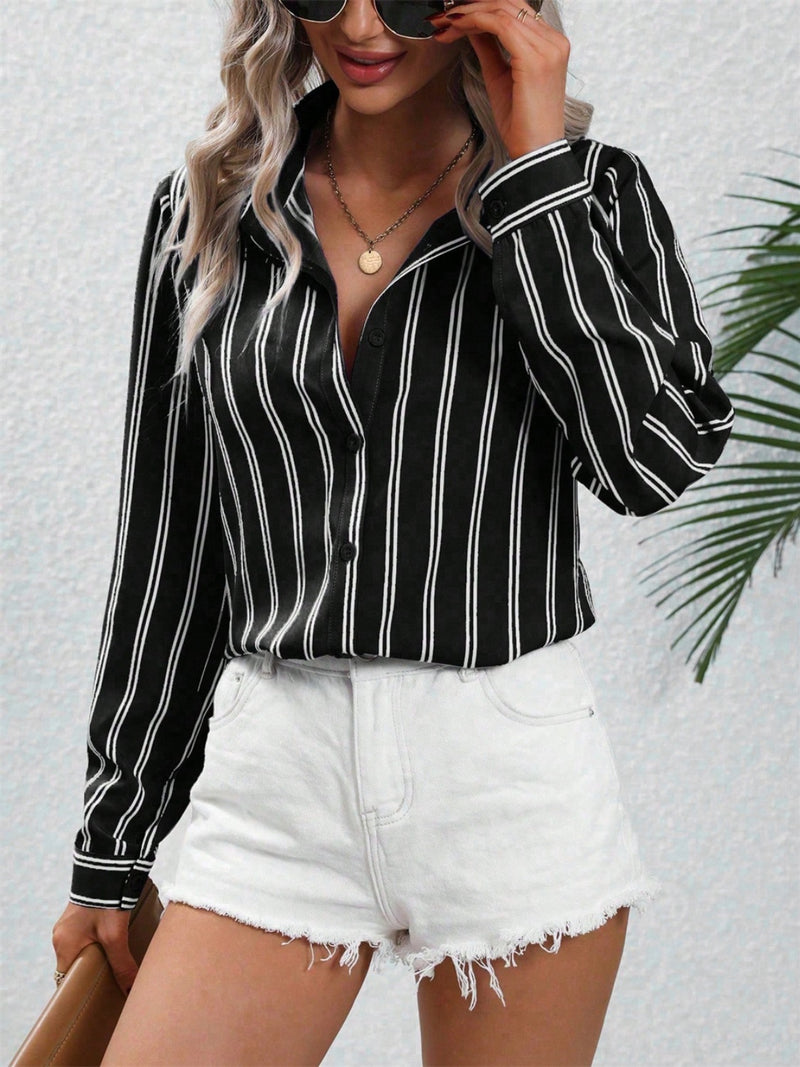 Striped Collared Neck Long Sleeve Shirt