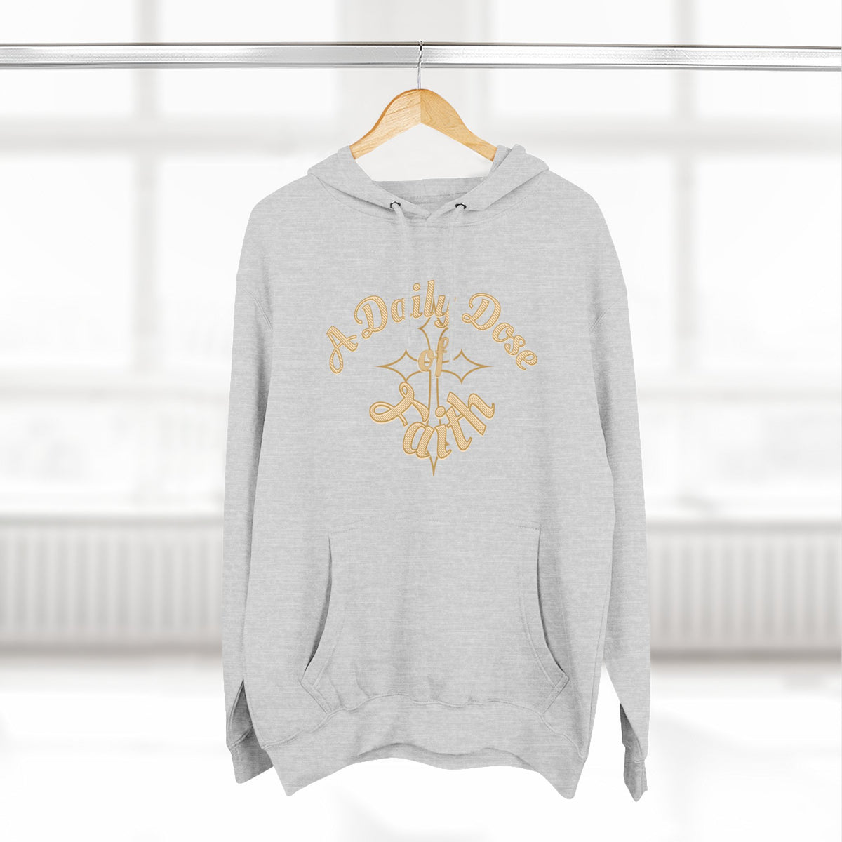 Faith Script Fleece Hoodie — "A Daily Dose of Faith" Gold Script, Back "He Is Always Faithful"