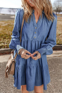 Tiered Johnny Collar Long Sleeve Denim Dress