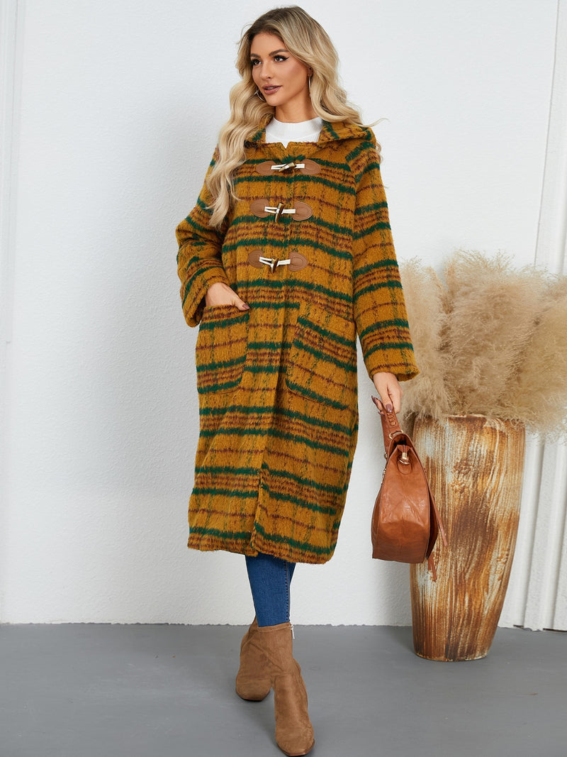 Plaid Long Sleeve Hooded Coat with Pockets