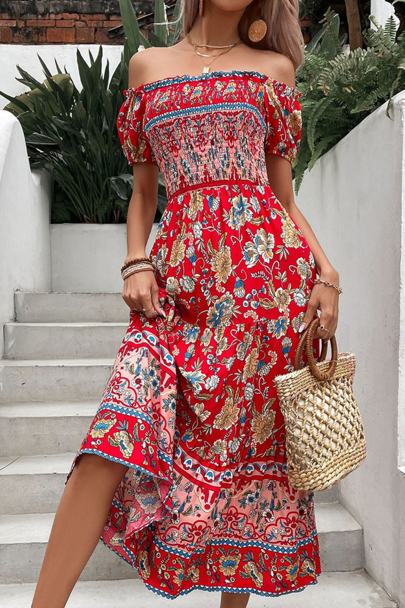 Perfee Floral Off-Shoulder Smocked Midi Dress