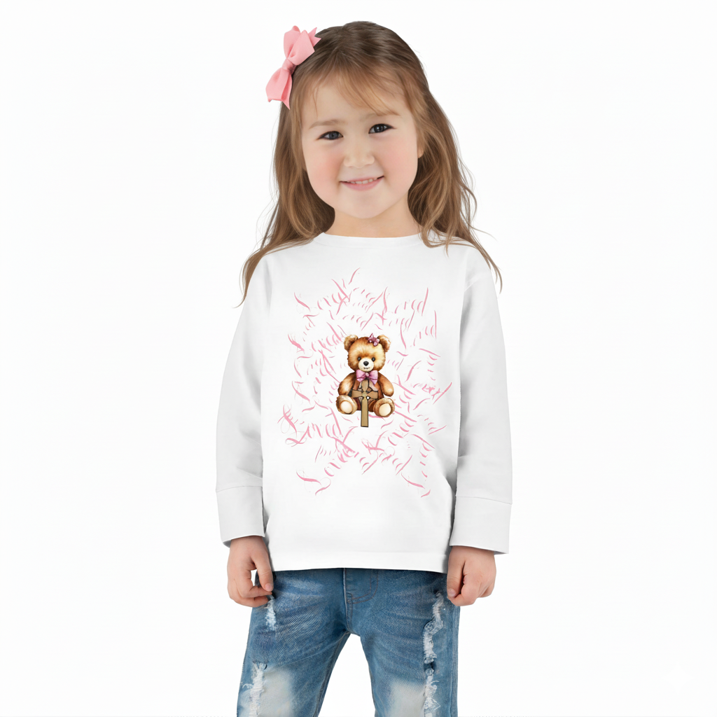 Toddler Tee — "Loved" Cute Teddy Bear Cross Design Long Sleeve