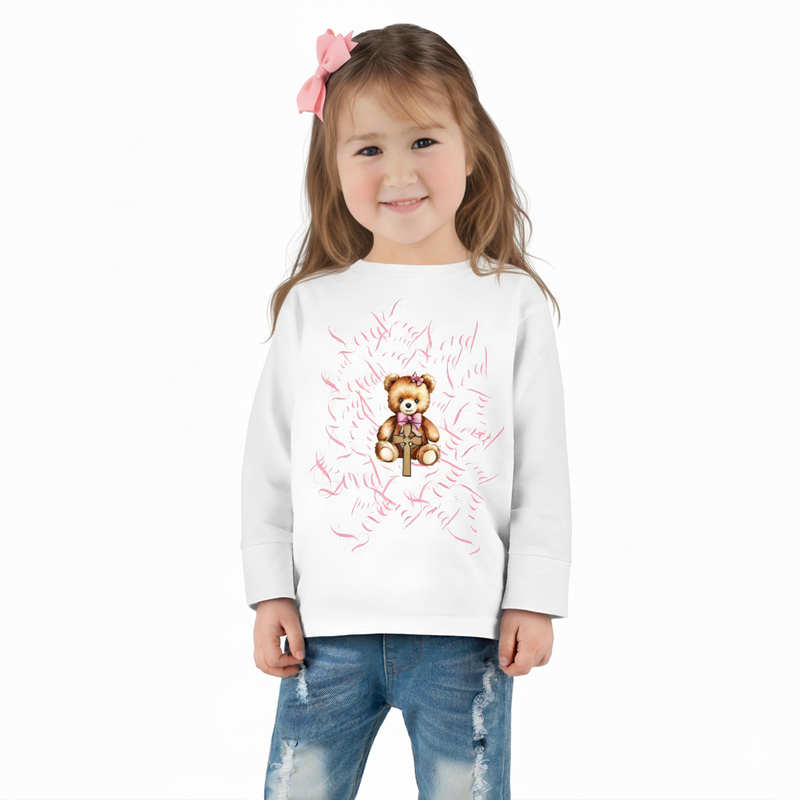 Toddler Tee — "Loved" Cute Teddy Bear Cross Design Long Sleeve
