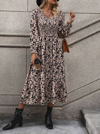 Printed V-Neck Long Sleeve Midi Dress