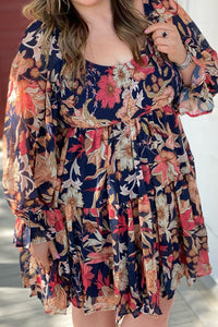 Plus Size Smocked Printed Long Sleeve Dress