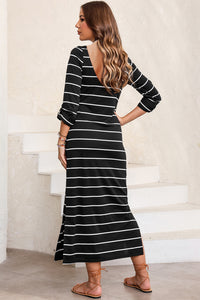 Slit Striped Round Neck Midi Dress