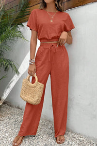 Round Neck Short Sleeve Top and Pants Set